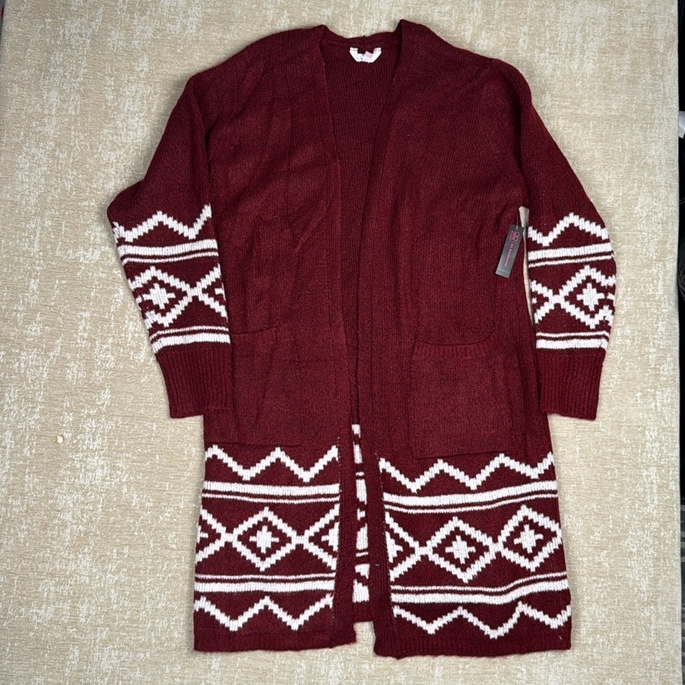 New Dark Red White Southwest Tribal Long Cardigan Sweater Duster Fuzzy
